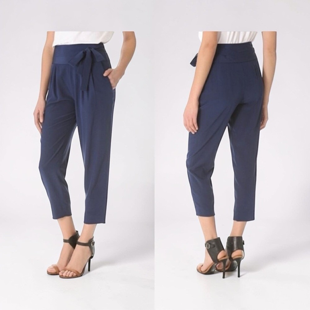 Diane von Furstenberg Pant Women 8 Navy Keaka Belted Pleated High Rise Paperbag